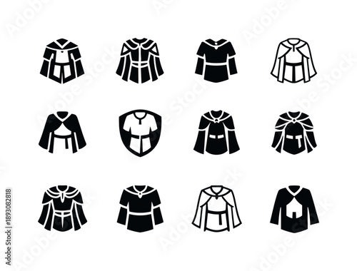 Medieval Costume Logos. Period costumes. Icon set. Set Logo of Period costumes: medieval tunic and cloak ensemble. harmonious logo variations of the same