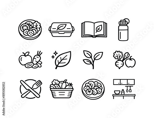 Raw Lifestyle Icons. Raw Lifestyle. Line icon set of Raw Lifestyle: raw meal plate, eco food box, raw diet journal, water bottle, natural ingredients, detox