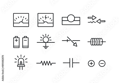 Electrical Symbols Grid. Current and Voltage. Line icon set of Current and Voltage: ampere meter, voltmeter, electric circuit, current flow arrows, battery