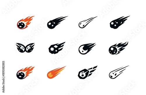 Meteorite Logo Set. Meteorites. Icon set. Set Logo of Meteorites: shooting star trail. harmonious logo variations of the same emblematic concept, each with