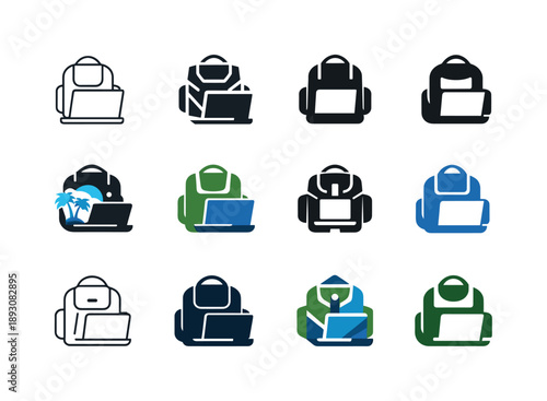Freelancing Icon Set. Freelancing. Icon set. Set Logo of freelancing: digital nomad backpack. harmonious logo variations of the same emblematic concept, each