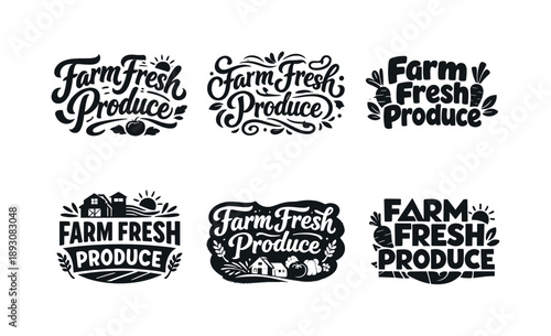 Diverse Lettering Styles. Farm fresh produce lettering. Set lettering. harmonious lettering variations of the same emblematic concept, each with different