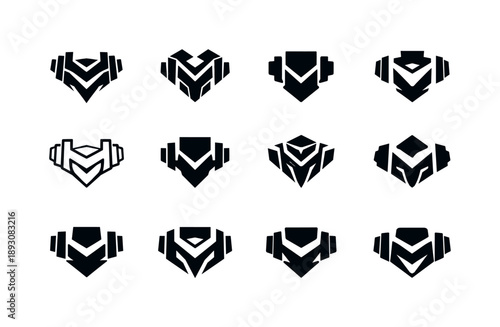 Cool Logo Variations. Cool heavy composition designs. Icon set. Set Logo of cool heavy composition designs: weighty angular layout. harmonious logo variations