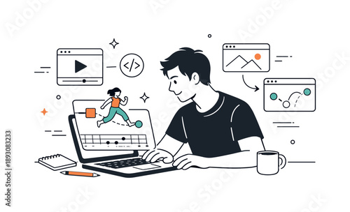 Designer Testing Animations. Interactive media. A designer testing interactive animations on a laptop, focused posture and calm concentration. The atmosphere