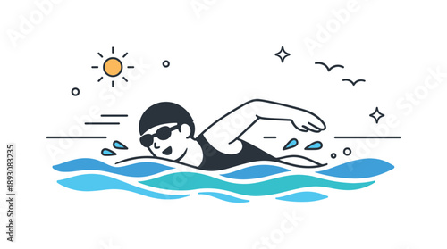 Confident Sea Swimmer. Open water swimming. A person swimming confidently in the sea, with simple horizon line and rhythmic wave patterns. The atmosphere is