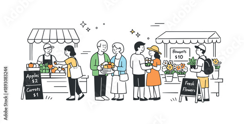 Farmers Market Harmony. Local farmers market scene. Visitors browsing fruits and flowers together, calm social interaction and slow movement, simple stalls and