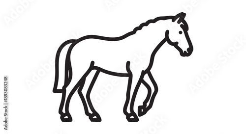 Simple line drawing of a horse walking viewed from the side in a minimalist style