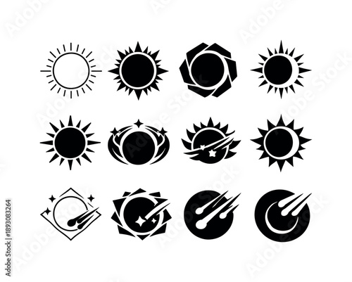 Astronomical Icon Set. Astronomical events like solar eclipses and meteor showers. Icon set. Set Logo of astronomical events like solar eclipses and meteor