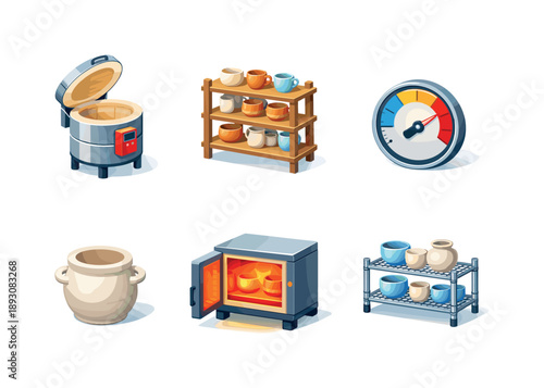 Ceramic Kiln Icons. Ceramic Firing. Isometric flat vector icons set of Ceramic Firing: kiln oven, stacked pottery shelves, temperature gauge, bisque ware pot,