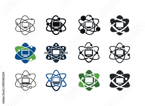 Tech-Inspired Science Logos. The role of technology in advancing scientific education. Icon set. Set Logo of The role of technology in advancing scientific