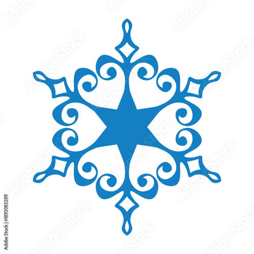 Blue template snowflake with shadow. Isolated snowflakes icon, round mandala. Winter Holiday cartoon flat illustration. Merry Christmas and New year Vector. Hand draw style.