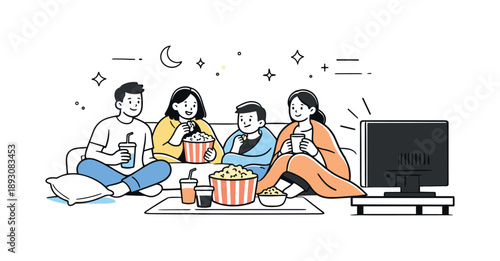 Cozy Movie Night. Home entertainment scene with movie night. Popcorn, blankets, and screen glow highlight a relaxed family or friend group setup. Scene