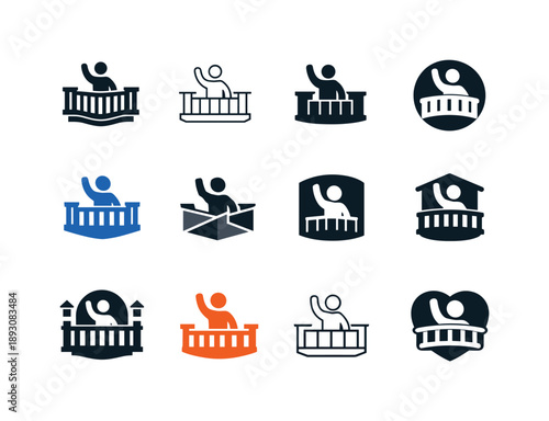 Balcony Wave Icons. Waving from a balcony. Icon set. Set Logo of Waving from a balcony: distant wave. harmonious logo variations of the same emblematic