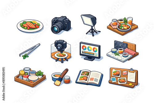 Food Photography Icons. Food photography for cookbooks or menus. Colorful isometric vector icons set of Food photography for cookbooks or menus: plated dish,