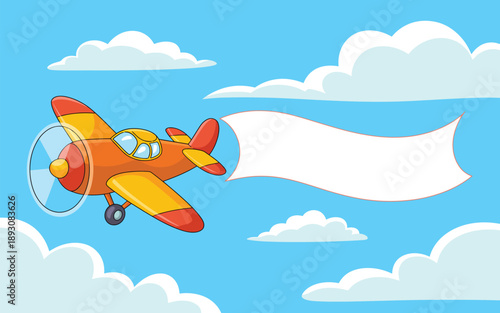 Airplane Banner Poster, flying airplane, trailing white banner, colorful aircraft