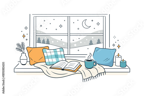 Cozy Winter Retreat. Winter cozy home scenes. Clean editorial composition featuring a window seat with pillows, blanket and a book, snow softly falling