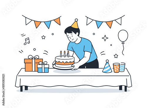 Birthday Party Setup. Birthday party preparation. Person arranging decorations and placing a cake on the table. Anticipation and care before a joyful event.