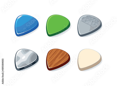 Colorful Pick Icons. Pick Materials. Isometric flat vector icons set of Pick Materials: plastic pick, tortex pick, nylon pick, metal pick, wood pick, felt