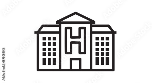 Simple line illustration of a hospital building with a prominent H symbol on its facade viewed from the front