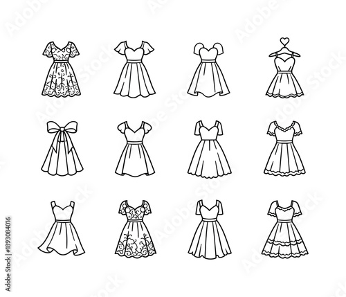 Lace Outfit Icons. Romantic Lace Outfit. Line icon set of Romantic Lace Outfit: soft lace dress, flutter sleeves, sweetheart bodice, flowing skirt, floral lace