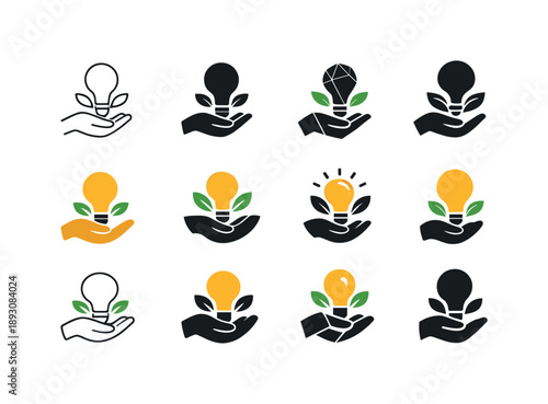 Startup Icon Set. Startup incubators. Icon set. Set Logo of Startup incubators: lightbulb sprouting from a hand. harmonious logo variations of the same