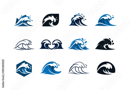 Crashing Waves Icon Set. Crashing waves. Icon set. Set Logo of crashing waves: dramatic wave impact symbol. harmonious logo variations of the same emblematic