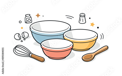 Kitchen Mixing Essentials. Kitchen essentials. Ceramic mixing bowls prepared for cooking, shown empty and clean. Readiness, simplicity, and everyday home