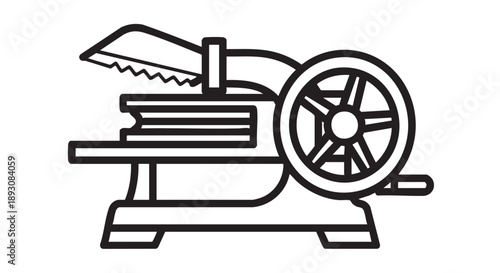 Vintage Industrial Saw Machine Illustration Featuring Mechanical Wheel and Cutting Tool in a Factory Setting from a Side Viewpoint