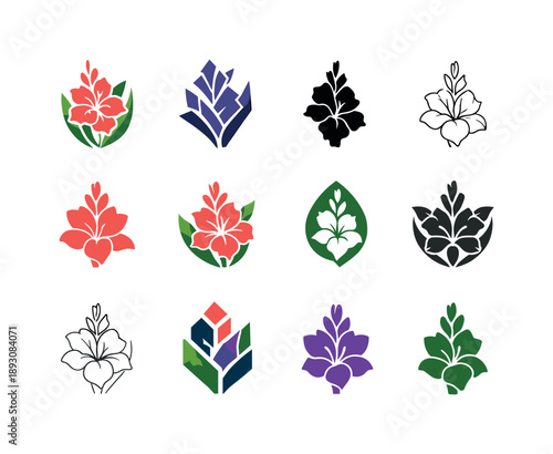 Birth Flower Icons. birth flowers. Icon set. Set Logo of birth flowers: gladiolus (August). harmonious logo variations of the same emblematic concept, each