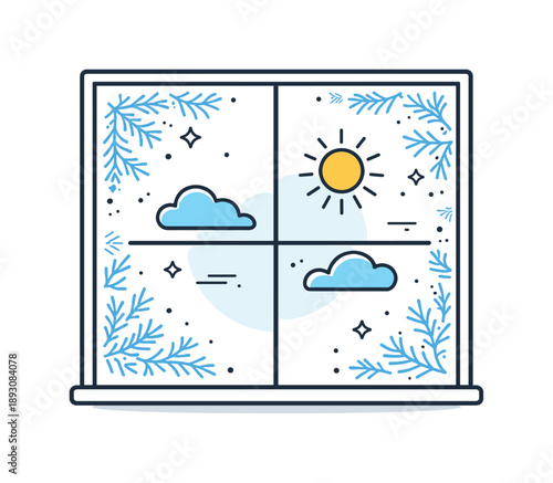 Winter's Gentle Farewell. Frost Disappearing from Windows. Window glass with soft frost patterns slowly fading, revealing clear space and light behind. Calm