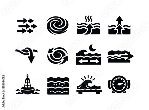 Ocean Current Icons. Ocean currents. Solid icon set of ocean currents: current arrows, gyre swirl, thermal flow, upwelling icon, deep current path, eddy
