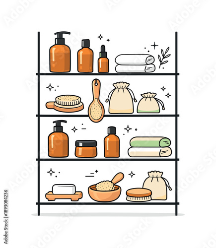 Minimalist Bathroom Shelf. Bathroom shelf objects. A tall open shelf with matching amber bottles, body brushes, and linen pouches. Soft tones and everyday