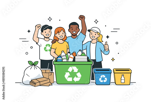 Team Recycling Success. Recycling together success. Group smiling after finishing recycling tasks with clean space around. Sense of contribution and positive