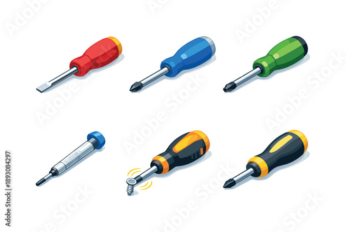 Colorful Screwdriver Icons. Screwdriver set. Isometric flat vector icons set of screwdriver set: flathead screwdriver, Phillips screwdriver, Torx screwdriver,
