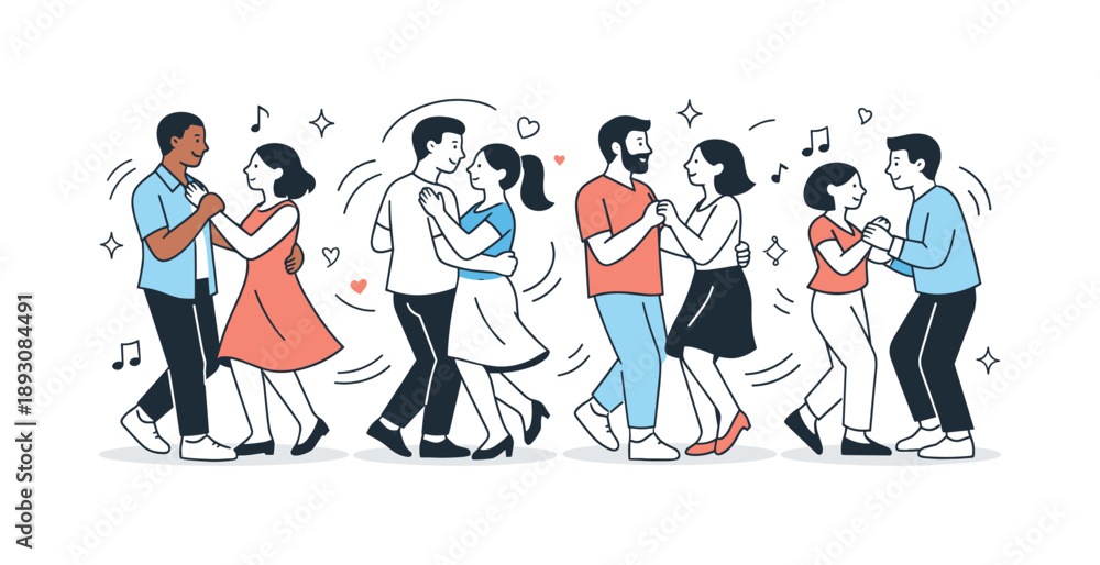 Fototapeta premium Joyful Group Dance. Dancing together moment. A group of people gently dancing, sharing smiles and relaxed movements. Abstract motion lines and shapes suggest