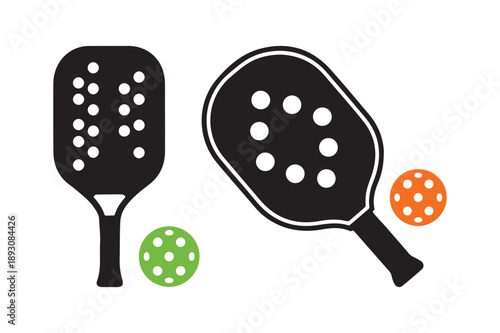 Set of pickleball paddle and ball icons in multiple designs and colors, isolated on white background. 
