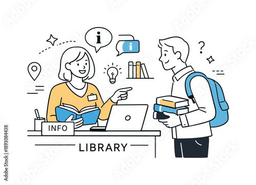 Library Assistance Scene. Library visitors at info desk. A friendly librarian helping a visitor with books or directions, warm interaction. Highlighting