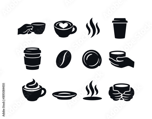 Coffee Icons Collection. Latte in hand. Solid icon set of latte in hand: hand holding cup, latte art heart, warm steam curl, to-go cup silhouette, cozy sleeve,
