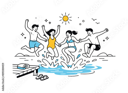 Summer Lake Jump. Summer friendship moment. A joyful group jumping into the lake, splashes and motion suggesting fun. Togetherness, freedom, and seasonal