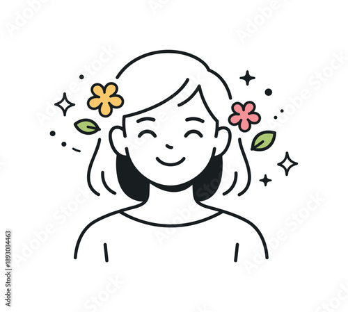 Springtime Smiling Avatar. Spring avatar. A smiling character with light clothing and small floral elements around the head or shoulders. Fresh mood, renewal
