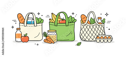 Eco-Friendly Shopping Bags. Reusable grocery bags. Eco-friendly fabric shopping bags neatly arranged, filled with simple food items, showing mindful and
