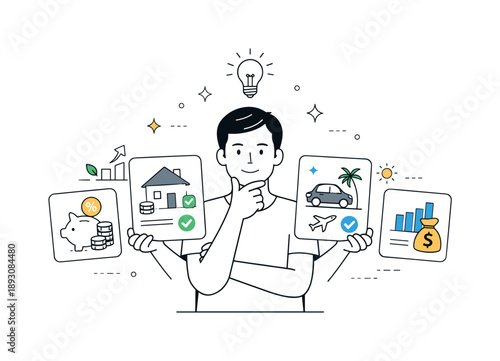 Smart Financial Choices. Smart money decisions. Individual choosing between financial options shown as cards and icons, confidence and responsibility. Clean