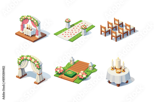Ceremony Icons Grid. Ceremony Setup. Isometric flat vector icons set of Ceremony Setup: decorated altar, wedding aisle with petals, guest seating rows, floral