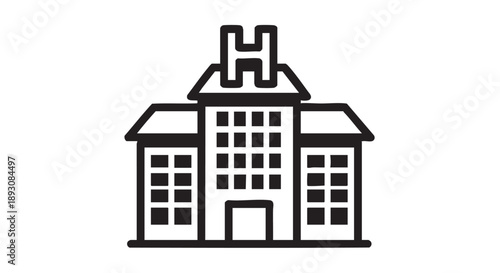 Simple line illustration of a school building with multiple windows and a central entrance from a front viewpoint
