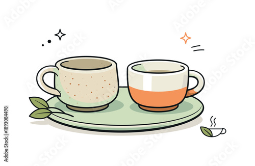 Artisan Tea Cups. Handcrafted pottery. A close-up scene of stoneware tea cups with organic shapes and earthy tones, expressing craftsmanship and authenticity.