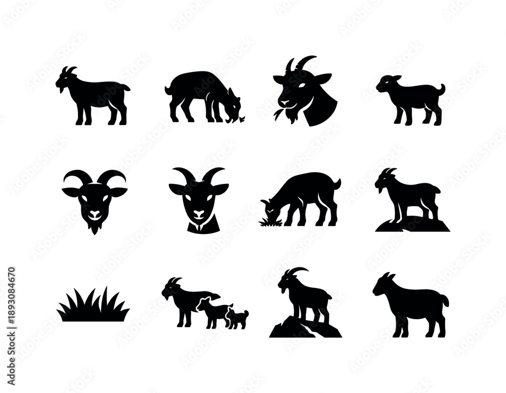 Fototapeta premium Grazing Goats Icons. Goats grazing. Solid icon set of Goats grazing: standing goat, grazing goat, goat chewing, baby goat, goat with horns, goat head, goat