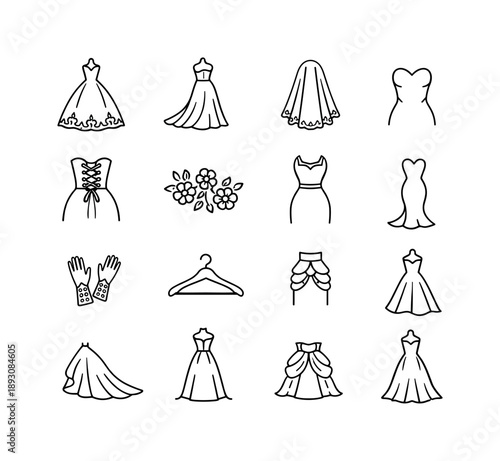 Bridal Lace Icons. Bridal Lace Dress. Line icon set of Bridal Lace Dress: wedding lace gown, train detail, lace veil, sweetheart neckline, corset back, floral