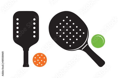 Set of pickleball paddle and ball icons in multiple designs and colors, isolated on white background. 
