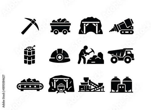 Mining Icons Collection. Mining resources. Solid icon set of Mining resources: mining pickaxe, ore cart, mine tunnel, drill machine, dynamite stick, safety