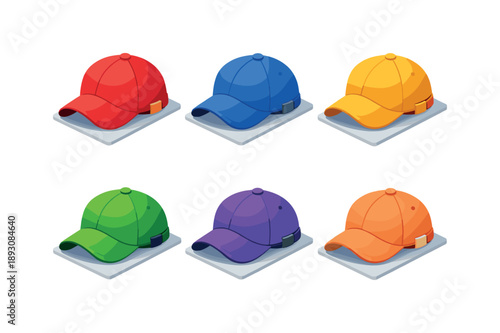 Colorful Light Cap Icons. Light cap. Isometric flat vector icons set of light cap: baseball cap shape, curved brim, adjustable strap detail, fabric texture
